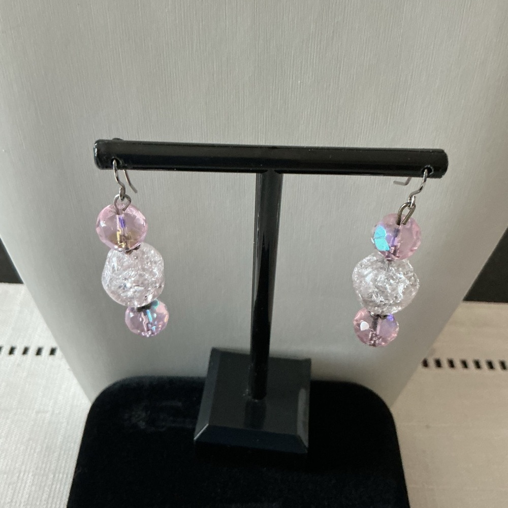 Pink Rhinestone Silver Tone Drop Earrings